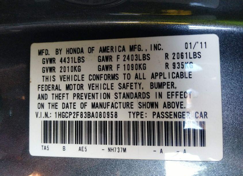 Photo 9 of 2011 Honda Accord 2.4 EX-L (VIN 1HGCP2F83BA080958)