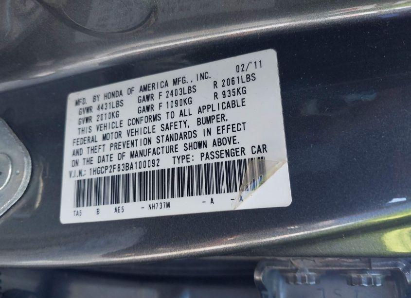 Photo 9 of 2011 Honda Accord 2.4 EX-L (VIN 1HGCP2F83BA100092)