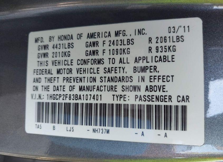 Photo 9 of 2011 Honda Accord 2.4 EX-L (VIN 1HGCP2F83BA107401)