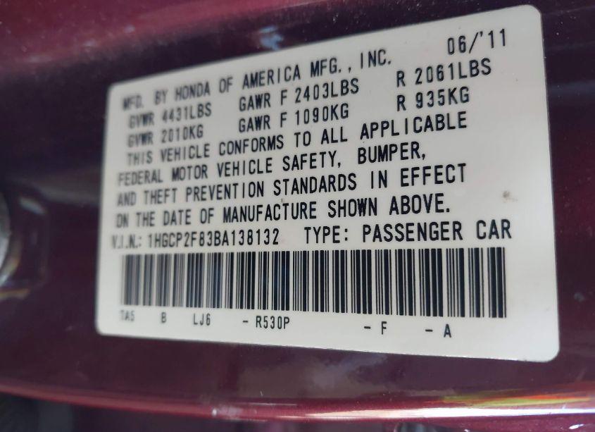 Photo 9 of 2011 Honda Accord 2.4 EX-L (VIN 1HGCP2F83BA138132)