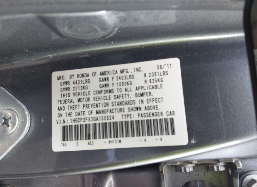 Photo 9 of 2011 Honda Accord 2.4 EX-L (VIN 1HGCP2F83BA150524)