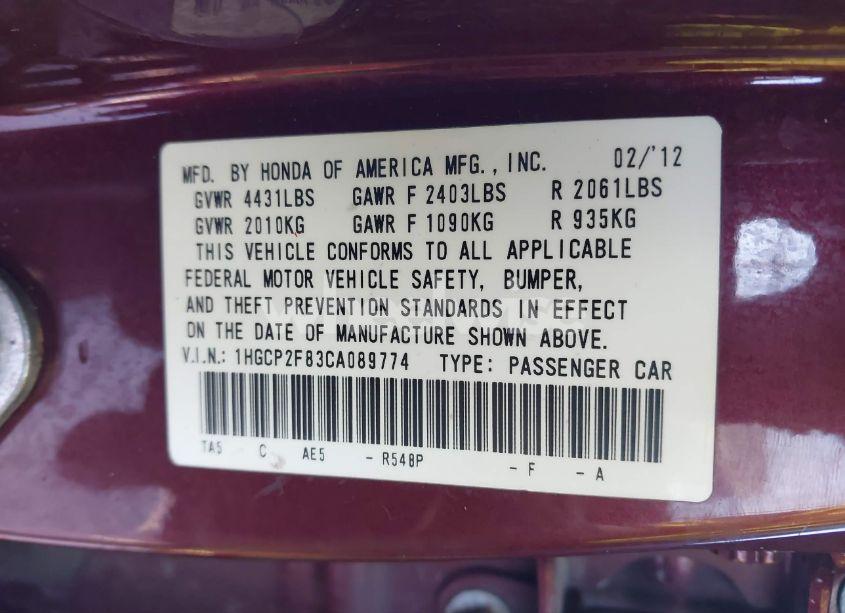 Photo 9 of 2012 Honda Accord 2.4 EX-L (VIN 1HGCP2F83CA089774)