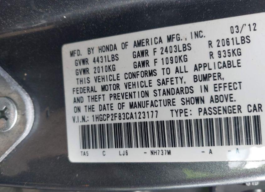 Photo 9 of 2012 Honda Accord 2.4 EX-L (VIN 1HGCP2F83CA123177)