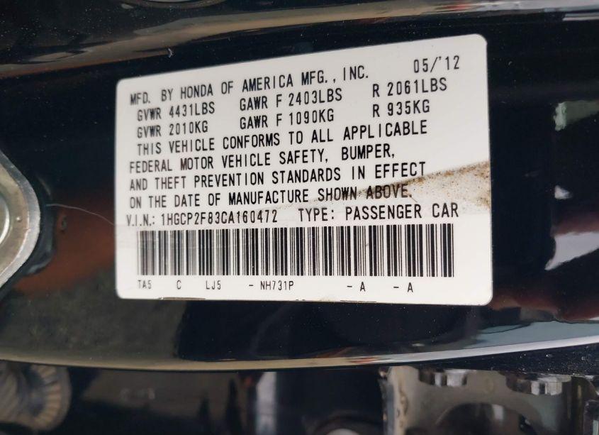 Photo 9 of 2012 Honda Accord 2.4 EX-L (VIN 1HGCP2F83CA160472)