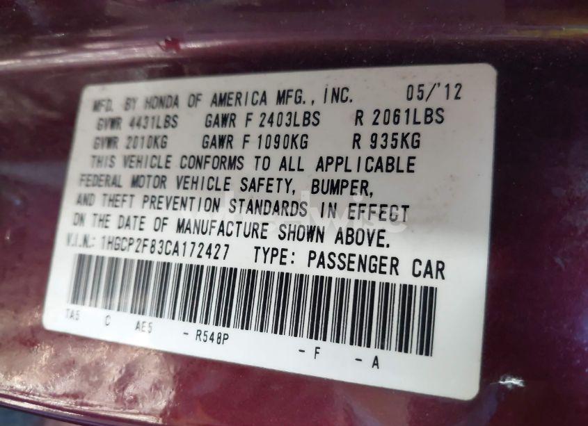 Photo 9 of 2012 Honda Accord 2.4 EX-L (VIN 1HGCP2F83CA172427)