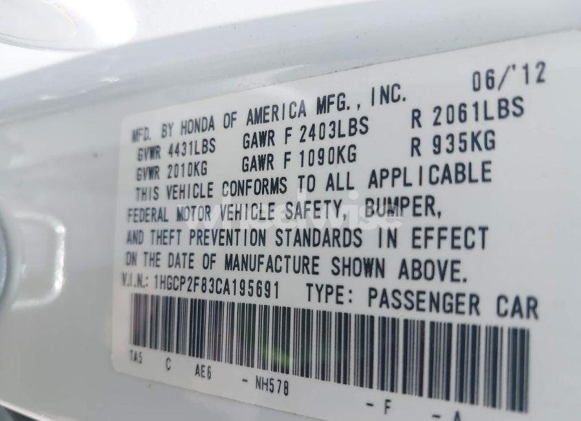 Photo 9 of 2012 Honda Accord 2.4 EX-L (VIN 1HGCP2F83CA195691)