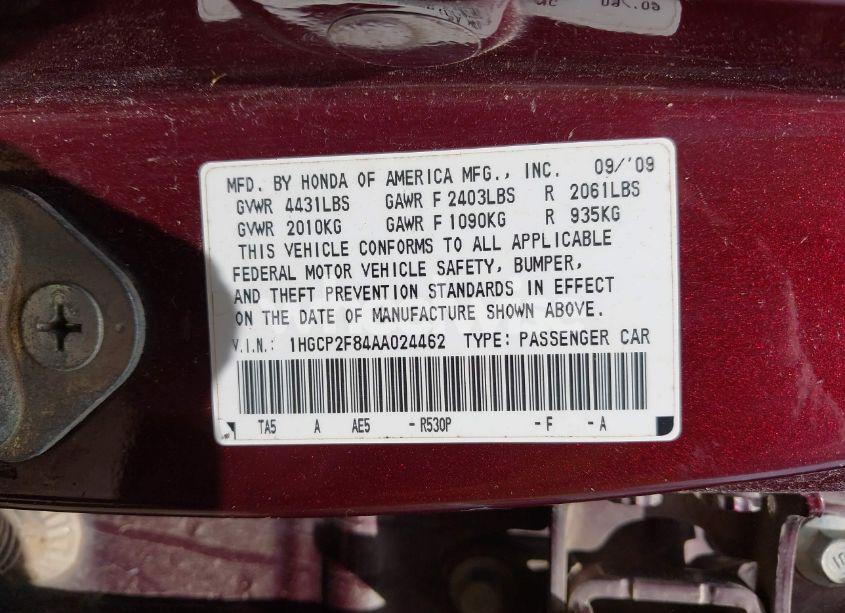 Photo 9 of 2010 Honda Accord 2.4 EX-L (VIN 1HGCP2F84AA024462)