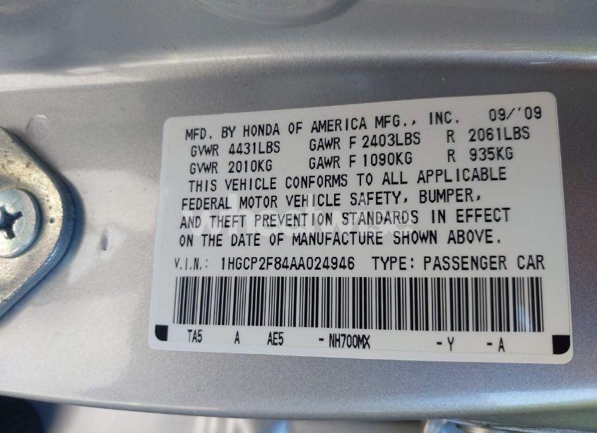 Photo 9 of 2010 Honda Accord 2.4 EX-L (VIN 1HGCP2F84AA024946)