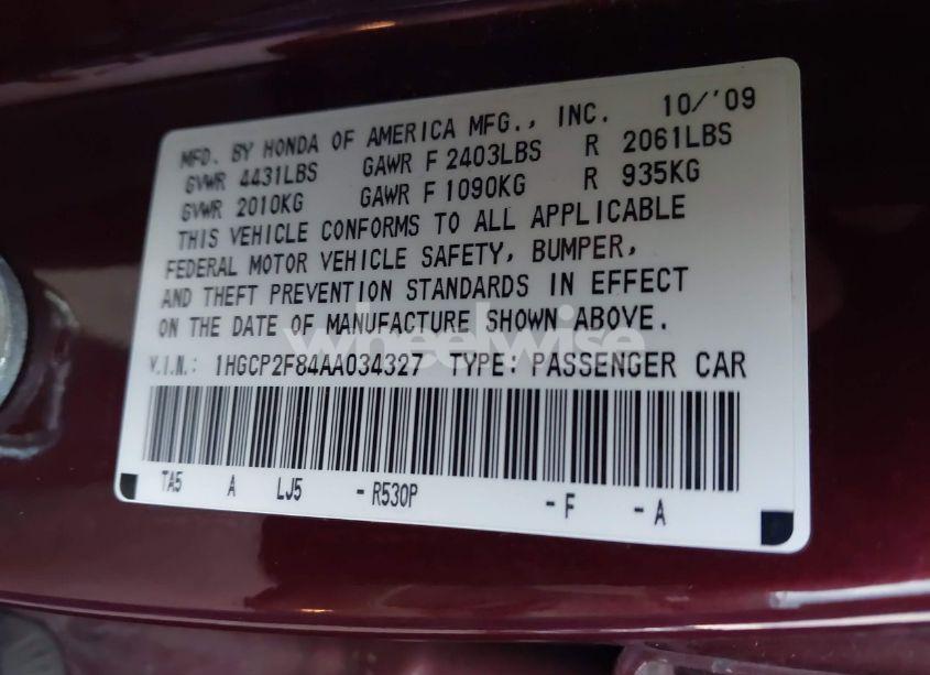 Photo 9 of 2010 Honda Accord 2.4 EX-L (VIN 1HGCP2F84AA034327)