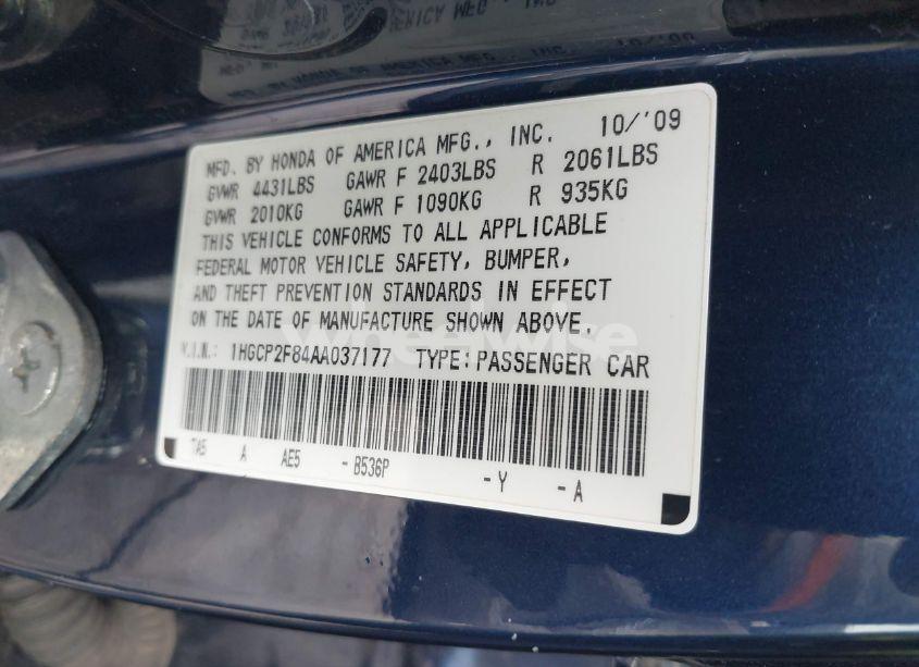 Photo 9 of 2010 Honda Accord 2.4 EX-L (VIN 1HGCP2F84AA037177)