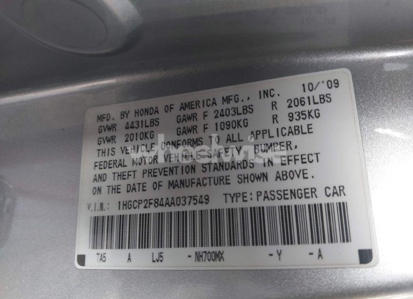 Photo 9 of 2010 Honda Accord 2.4 EX-L (VIN 1HGCP2F84AA037549)