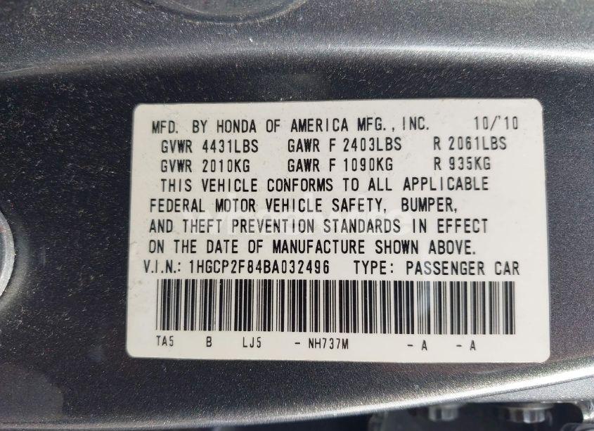 Photo 9 of 2011 Honda Accord 2.4 EX-L (VIN 1HGCP2F84BA032496)
