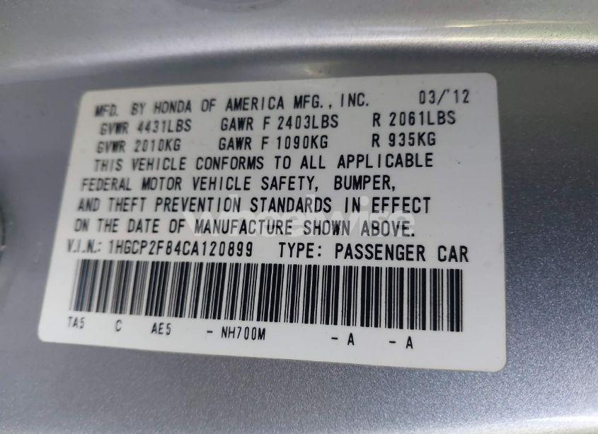 Photo 9 of 2012 Honda Accord 2.4 EX-L (VIN 1HGCP2F84CA120899)