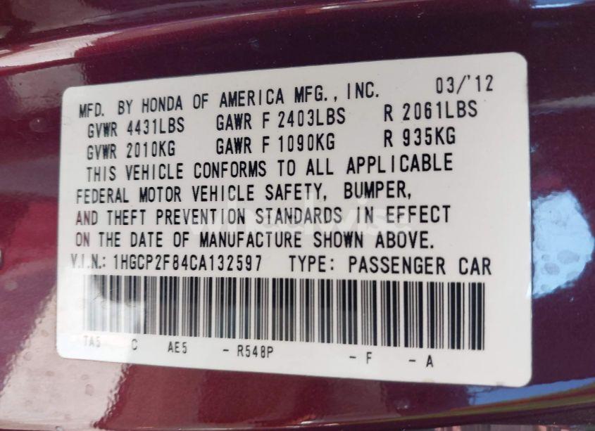 Photo 9 of 2012 Honda Accord 2.4 EX-L (VIN 1HGCP2F84CA132597)