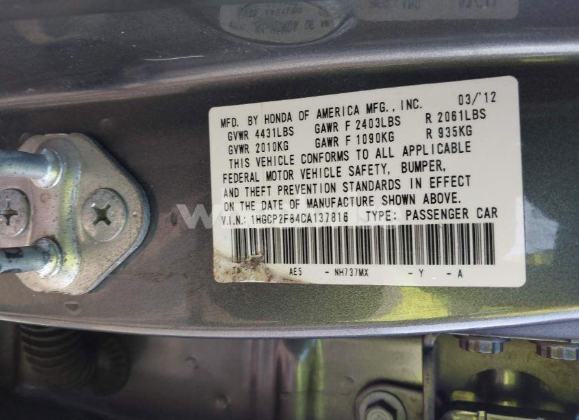 Photo 9 of 2012 Honda Accord 2.4 EX-L (VIN 1HGCP2F84CA137816)