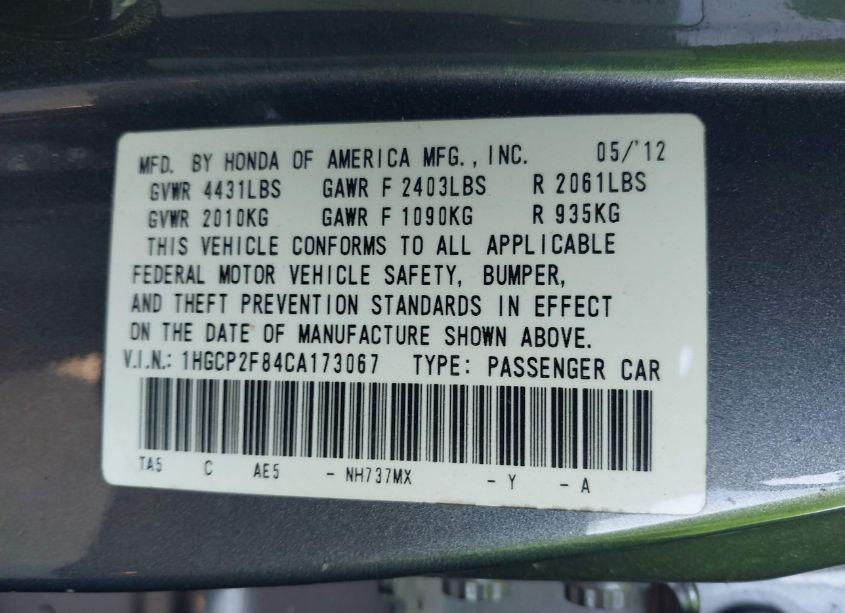 Photo 9 of 2012 Honda Accord 2.4 EX-L (VIN 1HGCP2F84CA173067)