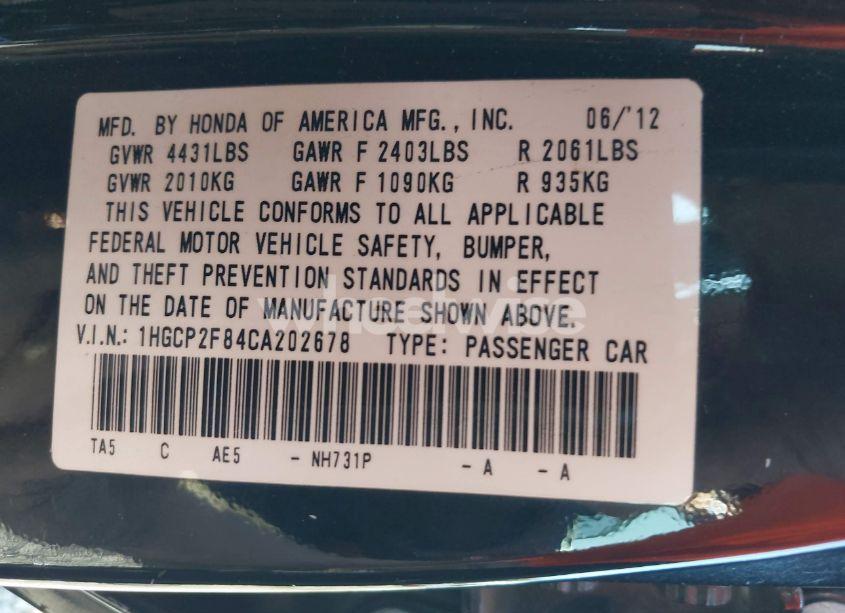 Photo 9 of 2012 Honda Accord 2.4 EX-L (VIN 1HGCP2F84CA202678)