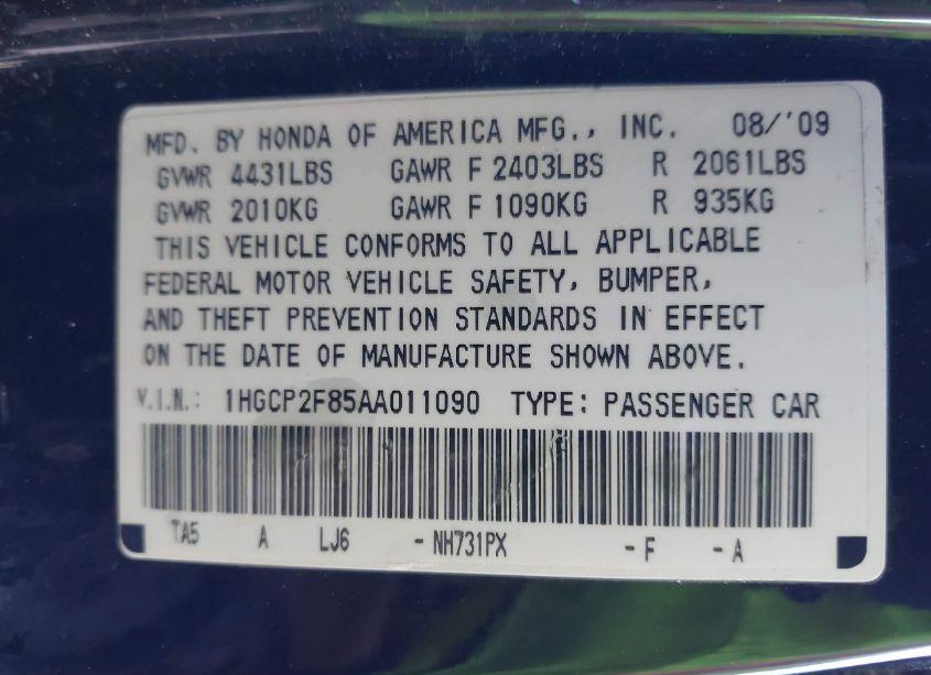 Photo 9 of 2010 Honda Accord 2.4 EX-L (VIN 1HGCP2F85AA011090)