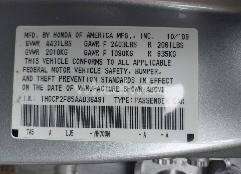 Photo 9 of 2010 Honda Accord 2.4 EX-L (VIN 1HGCP2F85AA036491)