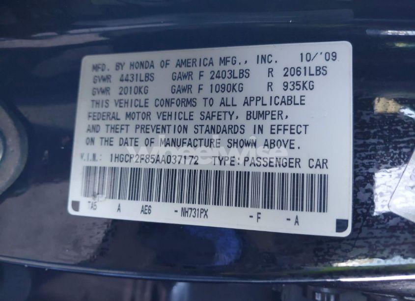 Photo 9 of 2010 Honda Accord 2.4 EX-L (VIN 1HGCP2F85AA037172)