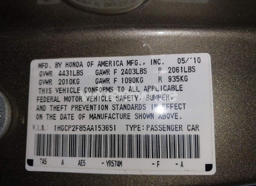 Photo 9 of 2010 Honda Accord 2.4 EX-L (VIN 1HGCP2F85AA153651)