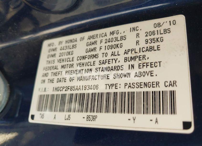 Photo 9 of 2010 Honda Accord 2.4 EX-L (VIN 1HGCP2F85AA193406)