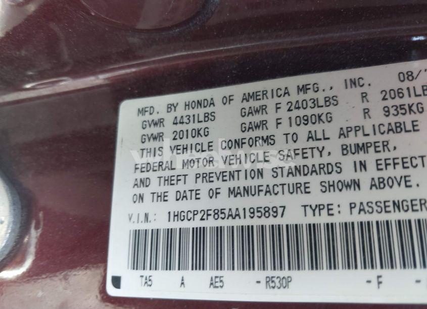 Photo 9 of 2010 Honda Accord 2.4 EX-L (VIN 1HGCP2F85AA195897)