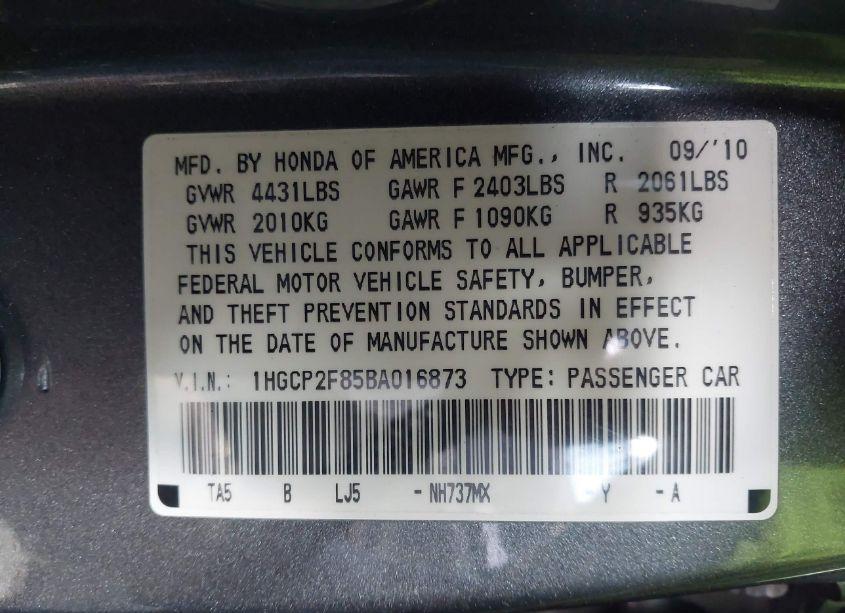 Photo 9 of 2011 Honda Accord 2.4 EX-L (VIN 1HGCP2F85BA016873)