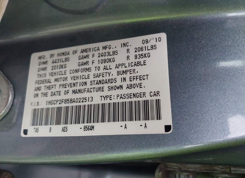 Photo 9 of 2011 Honda Accord 2.4 EX-L (VIN 1HGCP2F85BA022513)