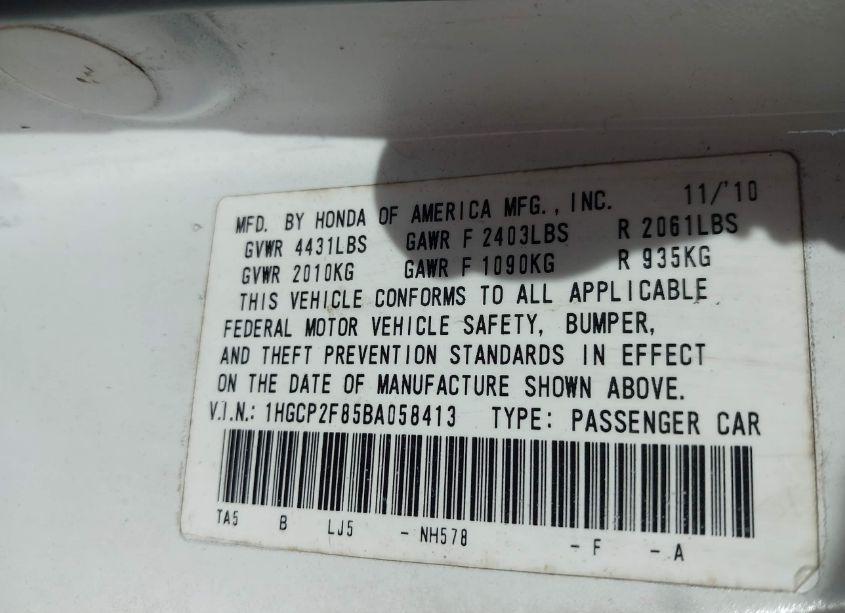 Photo 9 of 2011 Honda Accord 2.4 EX-L (VIN 1HGCP2F85BA058413)