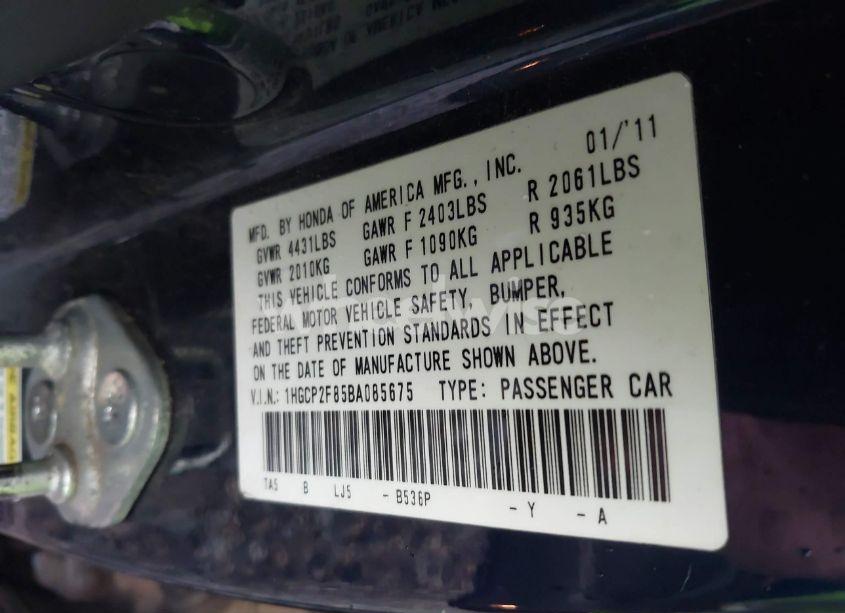 Photo 9 of 2011 Honda Accord 2.4 EX-L (VIN 1HGCP2F85BA085675)