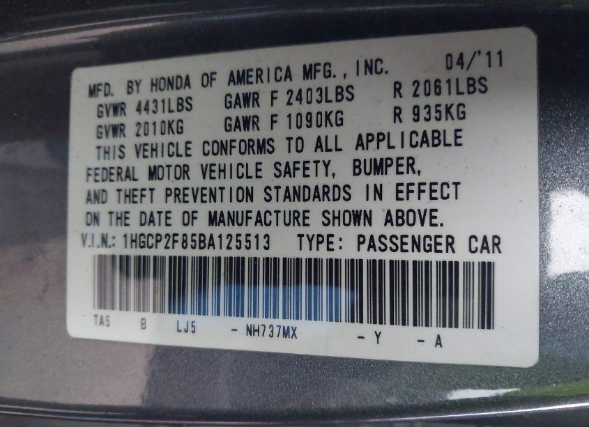 Photo 9 of 2011 Honda Accord 2.4 EX-L (VIN 1HGCP2F85BA125513)