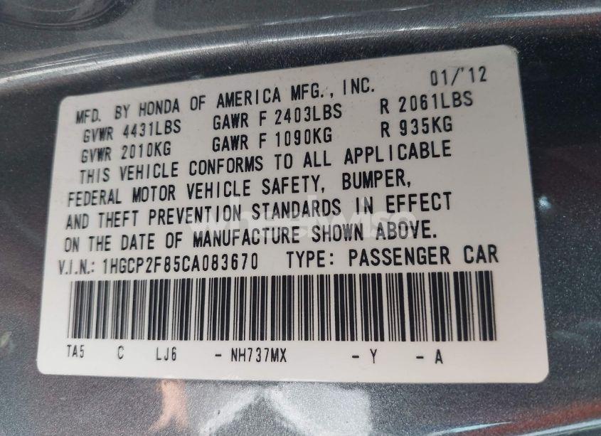 Photo 9 of 2012 Honda Accord 2.4 EX-L (VIN 1HGCP2F85CA083670)