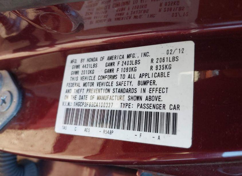 Photo 9 of 2012 Honda Accord 2.4 EX-L (VIN 1HGCP2F85CA100337)