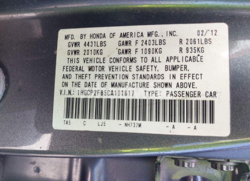 Photo 9 of 2012 Honda Accord 2.4 EX-L (VIN 1HGCP2F85CA101617)