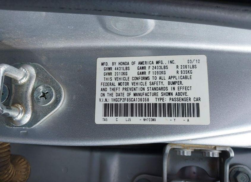 Photo 9 of 2012 Honda Accord 2.4 EX-L (VIN 1HGCP2F85CA136058)