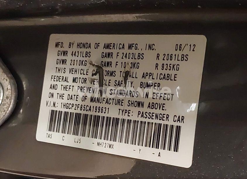 Photo 9 of 2012 Honda Accord 2.4 EX-L (VIN 1HGCP2F85CA199631)