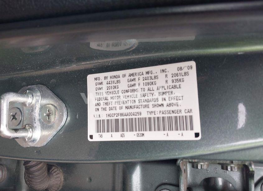 Photo 9 of 2010 Honda Accord 2.4 EX-L (VIN 1HGCP2F86AA004259)