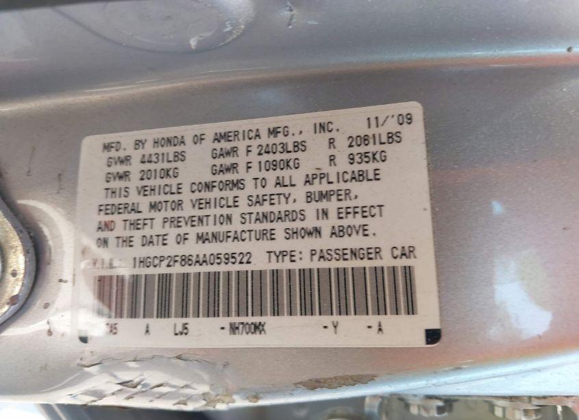 Photo 9 of 2010 Honda Accord 2.4 EX-L (VIN 1HGCP2F86AA059522)