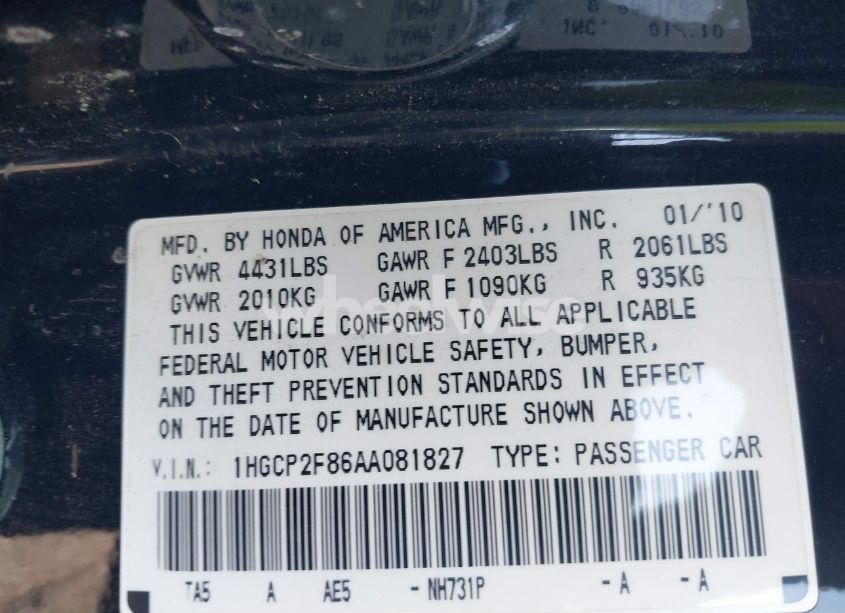 Photo 9 of 2010 Honda Accord 2.4 EX-L (VIN 1HGCP2F86AA081827)