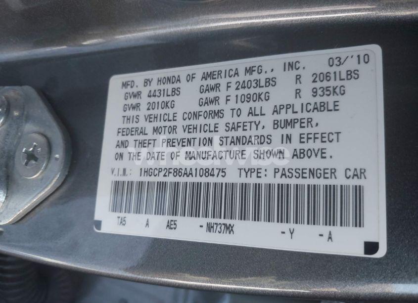 Photo 9 of 2010 Honda Accord 2.4 EX-L (VIN 1HGCP2F86AA108475)