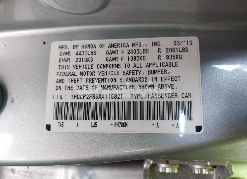 Photo 9 of 2010 Honda Accord 2.4 EX-L (VIN 1HGCP2F86AA116821)