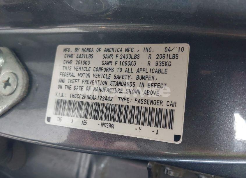 Photo 9 of 2010 Honda Accord 2.4 EX-L (VIN 1HGCP2F86AA122442)
