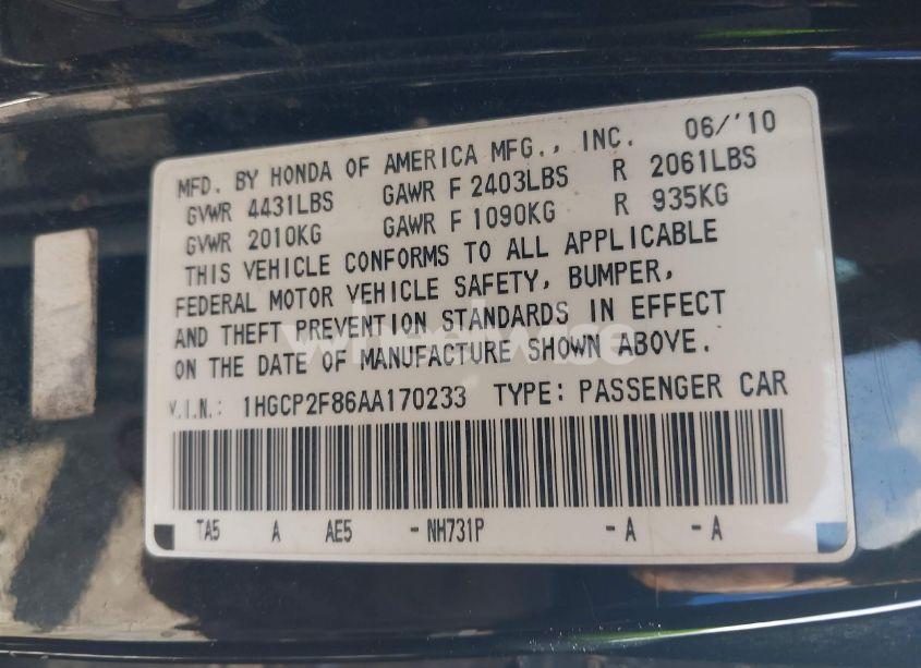 Photo 9 of 2010 Honda Accord 2.4 EX-L (VIN 1HGCP2F86AA170233)