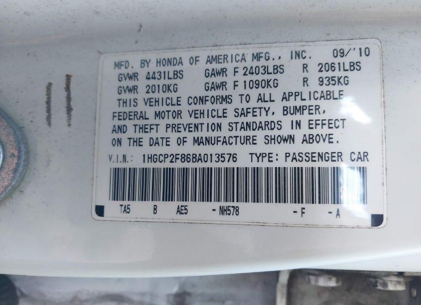 Photo 9 of 2011 Honda Accord 2.4 EX-L (VIN 1HGCP2F86BA013576)