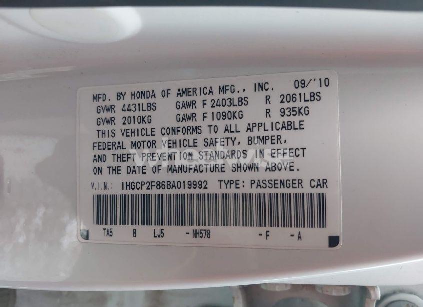 Photo 9 of 2011 Honda Accord 2.4 EX-L (VIN 1HGCP2F86BA019992)