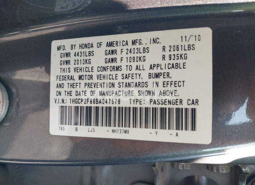 Photo 9 of 2011 Honda Accord 2.4 EX-L (VIN 1HGCP2F86BA047579)