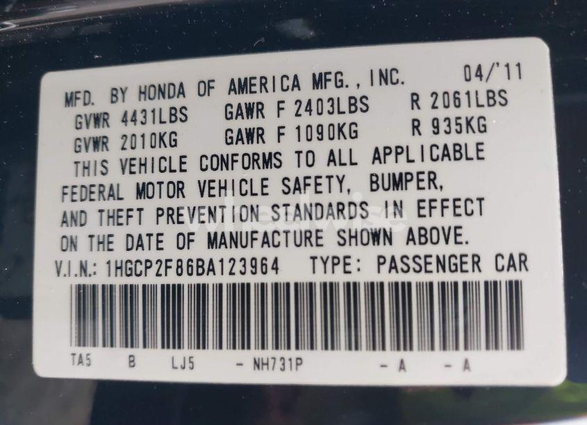 Photo 9 of 2011 Honda Accord 2.4 EX-L (VIN 1HGCP2F86BA123964)