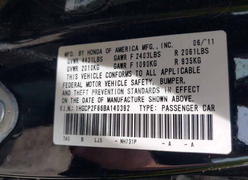 Photo 9 of 2011 Honda Accord 2.4 EX-L (VIN 1HGCP2F86BA140392)