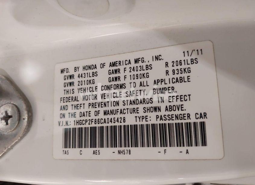 Photo 9 of 2012 Honda Accord 2.4 EX-L (VIN 1HGCP2F86CA045428)